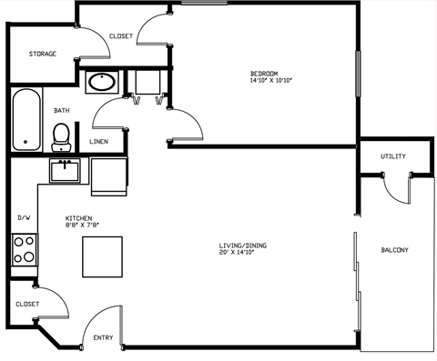 Floor plan for 1 bed, 1 bath, 707 sqft
